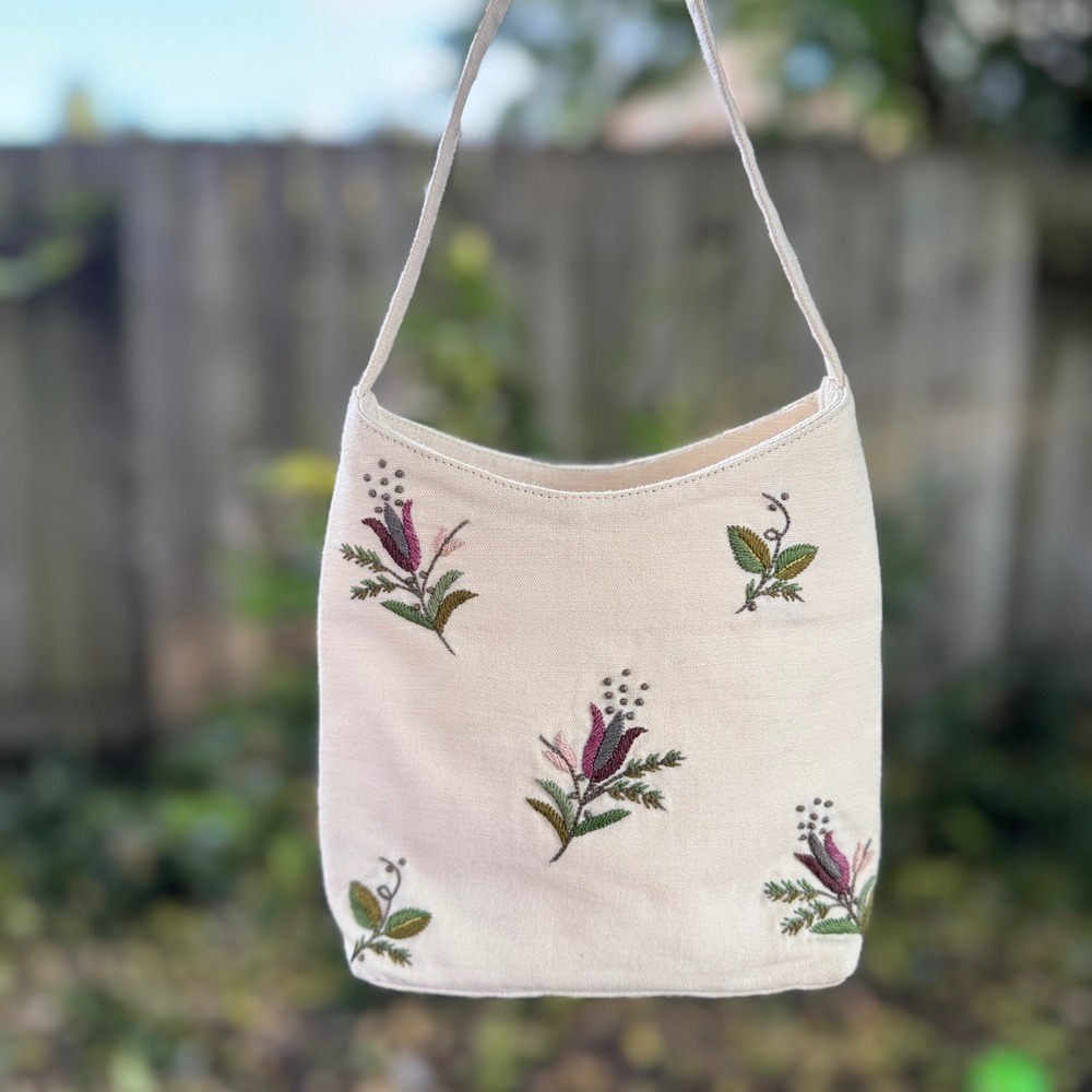 Chelsea Textiles Design Embroidered Linen Floral Shoulder Bag Cream Cottagecore